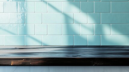 Obraz premium Copy space black wooden countertop, blue wall brick and kitchen decoration minimalist interior