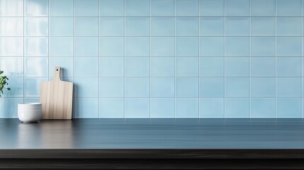 Copy space black wooden countertop, blue wall brick and kitchen decoration minimalist interior