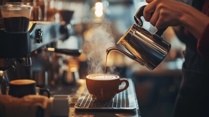 A barista pours fresh coffee into a cup, with steam rising and a warm coffee shop atmosphere in the background.