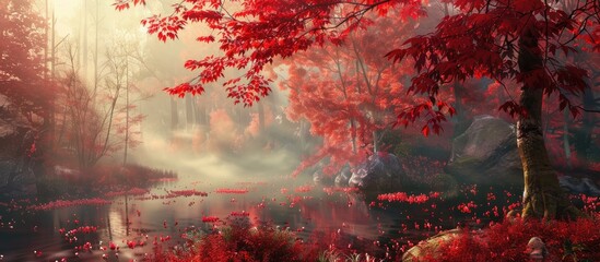 Naklejka premium Landscape Of Red Leaves In Autumn