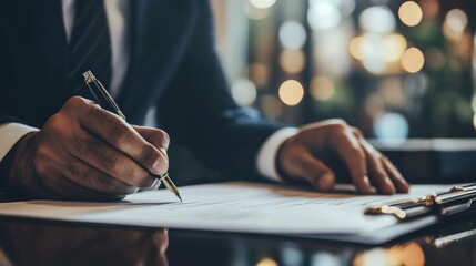 Lawyer's hand holding a pen while signing a contract or legal agreement.