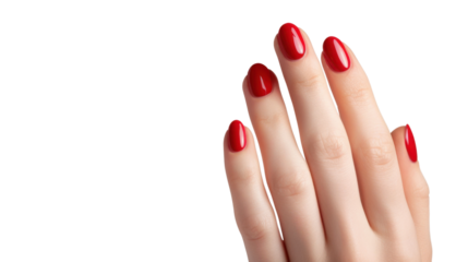 Woman's hand with freshly done red nails on transparent background