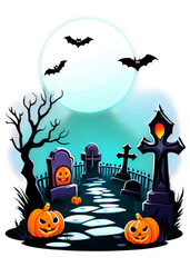 Halloween Focused Spooky graveyard with fog Digital art Suitable for Outfit, Hoodies & Sweatshirts, Bumper sticker, Poster, Aprons