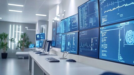 A comprehensive electronic health record system displayed on multiple screens in a modern medical office, showing patient information