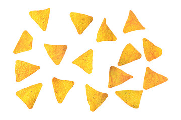 Crispy corn tortilla nachos chips isolated on white background