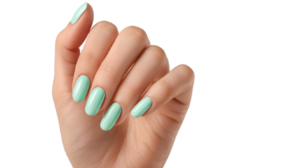 Woman's hand with freshly done green nails on transparent background