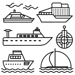 water transports set outline coloring book page line art drawing