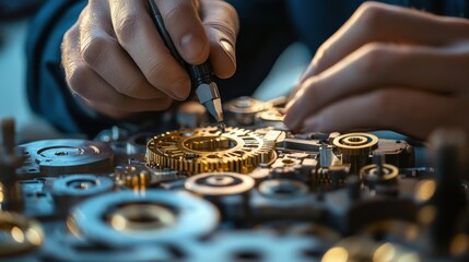 Detailed photograph of engineer's hands assembling mechanical devices using precision tools.