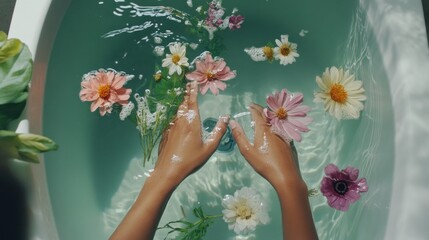A detailed view of a person taking a herbal bath, with flowers and herbs floating in the water in a serene bathroom setting