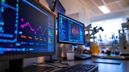 Naklejka premium A detailed view of a researcher's workstation, featuring computer screens with data analysis software and various lab equipment