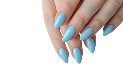 Woman's hand with freshly done blue nails on transparent background