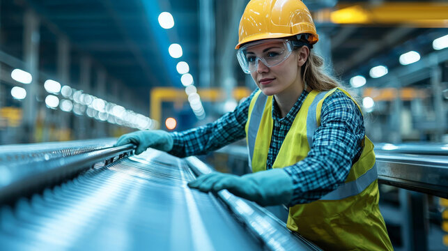 Industrial worker inspecting a conveyor belt, safety goggles on, factory setting with bright lights