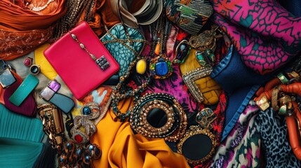 A dynamic flatlay of maximalist fashion accessories, featuring bold jewelry, vibrant scarves, patterned bags, and an eclectic mix of textures and colors