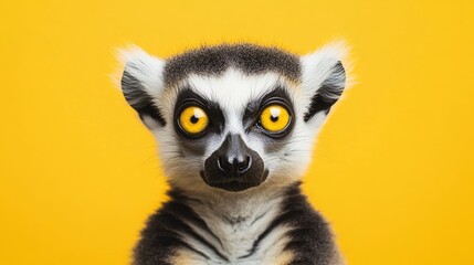 Fototapeta premium Lemur portrait on yellow background, vibrant wildlife composition