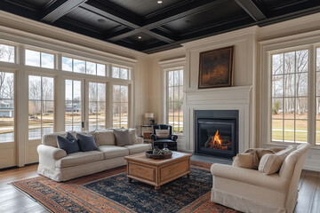 Modern American style living room with wood flooring and black accents