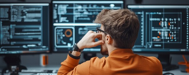 A Pensive Scientist Contemplating Surrounded by Holographic Projections in a Futuristic Lab