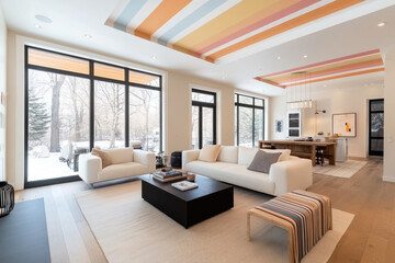 Fototapeta premium Modern American style living room with wood flooring and colorful accents