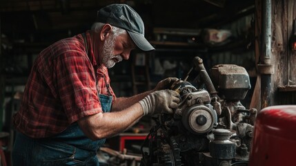 A farmer working on a broken tractor engine, using tools to make repairs in a workshop