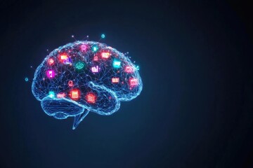 A digital illustration of a glowing brain connected with colorful icons symbolizing knowledge, creativity, and technology.