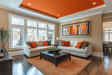 Fototapeta premium Modern American style living room with wood flooring and orange accents