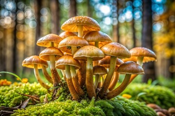 Fototapeta premium Cluster of vibrant orange mushrooms growing on moss in a sunlit forest with blurred background