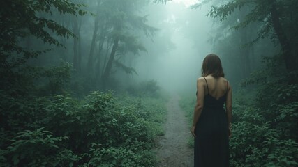 women with dress at misty morning in the forest