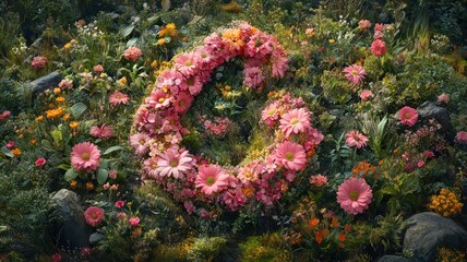 A vibrant floral arrangement in a lush, green landscape.