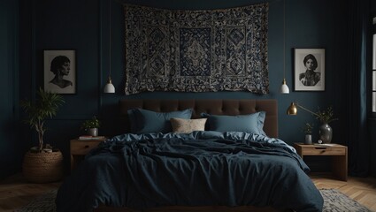 Elegant bedroom decor with blue tones, stylish tapestry above bed