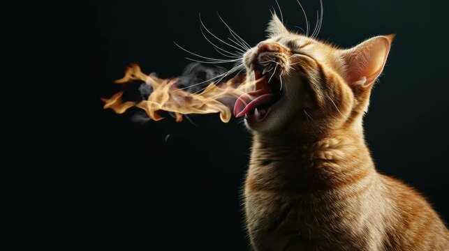 The orange cat yawned, releasing fire from its very beautiful mouth. seamless looping time-lapse virtual 4k video Animation Background.