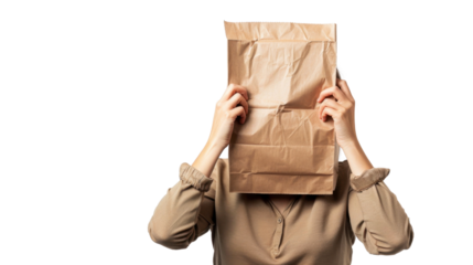 Woman with a paper bag over his head on transparent background