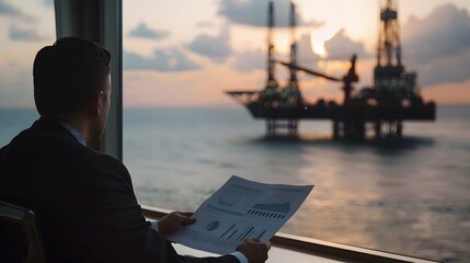 CEO reviewing financial data with a crude oil rig operating in the background