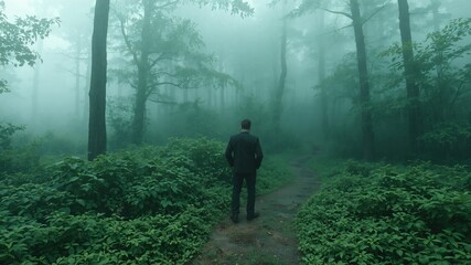 man with suit at misty morning in the forest