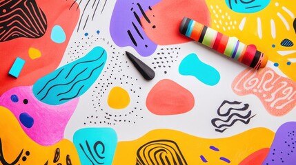 A playful composition of handmade doodles and illustrations on a piece of paper, with a mix of bold lines, creative shapes, and vibrant colors