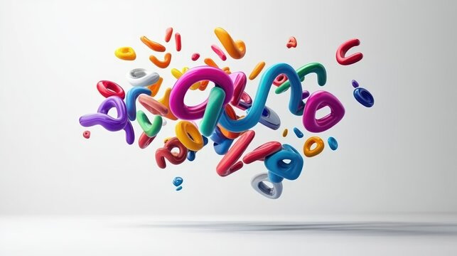 A playful text design with 3D bubble letters in a variety of vibrant colors, floating in mid-air with a shadow cast on the surface below