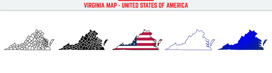 Fototapeta premium Virginia Map with editable stroke icon. Virginia USA State thin line icon, Virginia map vector illustration, Virginia, VA silhouette vector map