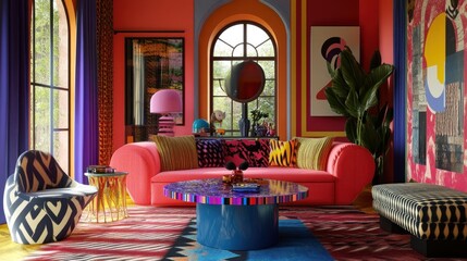 A vibrant interior design scene featuring bold, clashing patterns, a mix of colorful furniture, and an array of eclectic decorative items filling the space
