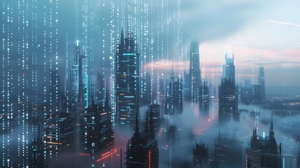 Fototapeta premium Futuristic cityscape with skyscrapers interlinked by streams of digital cloud data