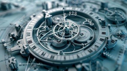 Fototapeta premium A blue and silver clock with many gears and numbers. The clock is surrounded by a blue circle