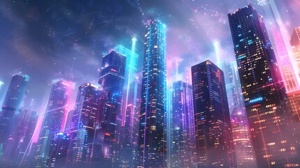 Obraz premium A cityscape with neon lights and a blue sky. The city is lit up and the sky is clear