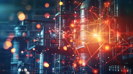 Obraz premium A computer generated image of a factory with a red glowing light. The image is abstract and has a futuristic feel to it