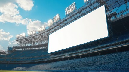 15. A photorealistic blank billboard placed at an outdoor sports stadium, with detailed seating, field, and lighting fixtures, ready for sports-related advertising mock-up designs