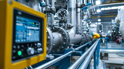 A large industrial plant with pipes and valves. Scene is industrial and mechanical. The idea of the image is to show the complexity of the machinery