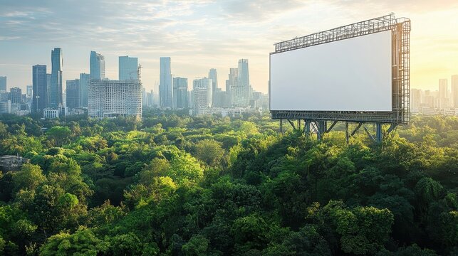 9. A photorealistic blank billboard on the roof of a large building overlooking a city park, with lush greenery and modern skyscrapers in the distance, detailed shadows and lighting creating a