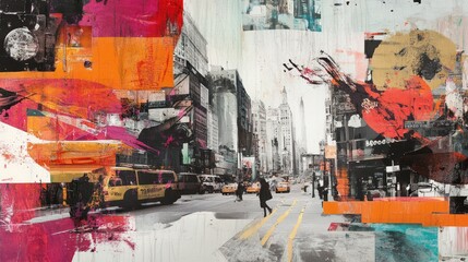 Bold collage featuring contrasting images of urban scenes, nature, and abstract art, creating a striking visual impact