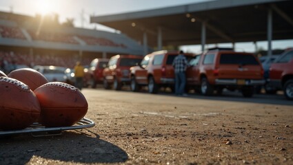Footballs on the ground in a stadium parking lot with sunlight.
