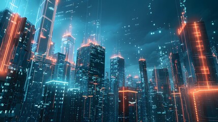 Skyscrapers in a modern city linked by glowing, ethereal cloud data streams 