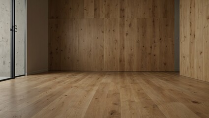 Minimalistic empty room interior with wooden flooring and wall panels.