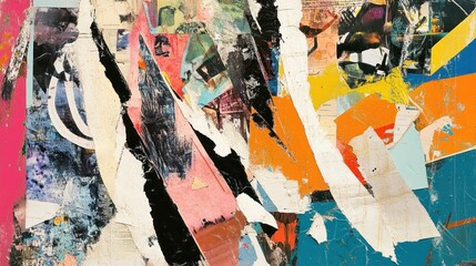 Dynamic collage featuring torn magazine pages, abstract paint strokes, and playful illustrations, creating a sense of movement