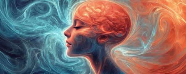 A vibrant illustration of a woman's profile with swirling colors representing creativity and thought.