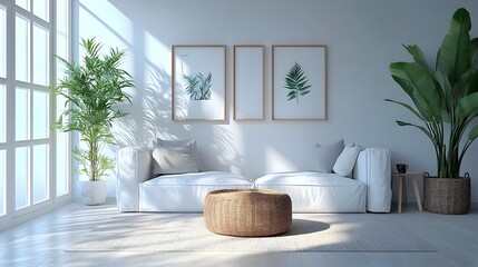 Bright and airy Scandinavian inspired living room with clean lines natural elements and a minimalist aesthetic  Showcasing modern furniture lush greenery and soft diffused lighting for a calm